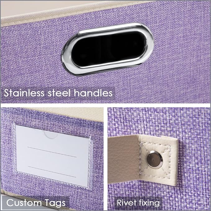 Large Foldable Storage Bins with Lids [3-Pack] linen Fabric Decorative Storage Boxes Organizer Containers Baskets Cube with Handles Divider for Bedroom Closet Purple&Cream(17.7x11.8x11.8)