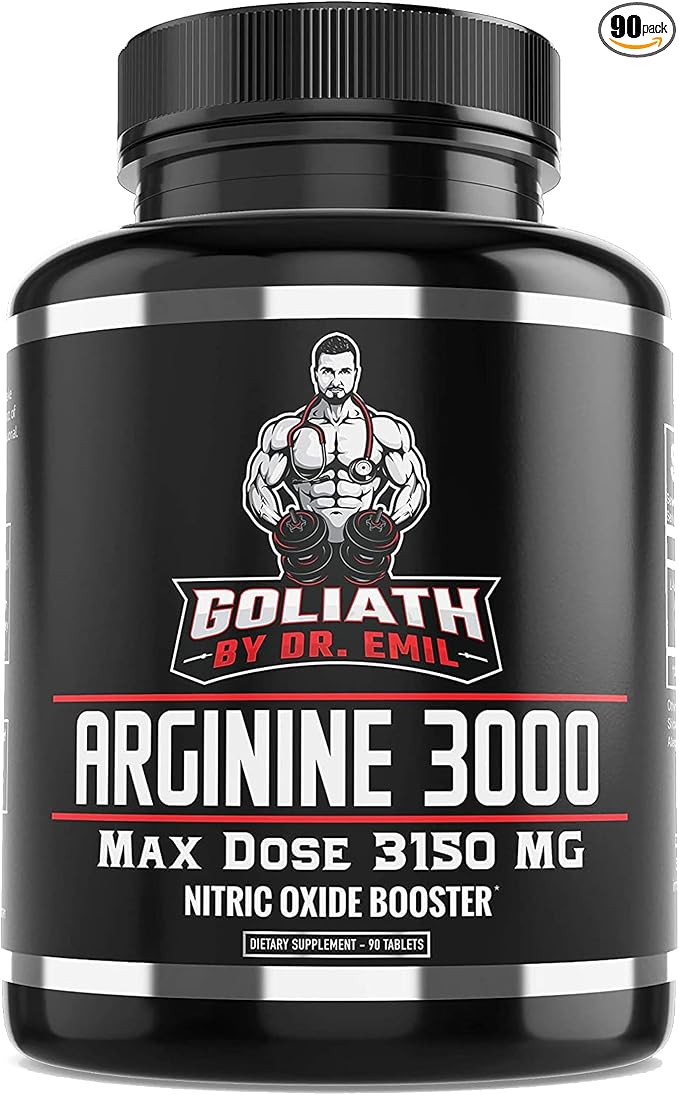 DR. EMIL NUTRITION Goliath Arginine 3000 - High-Dose Nitric Oxide Booster - Supports Blood Flow, Muscle Growth & Endurance - Workout Pump & Circulation Support - 90 Tablets