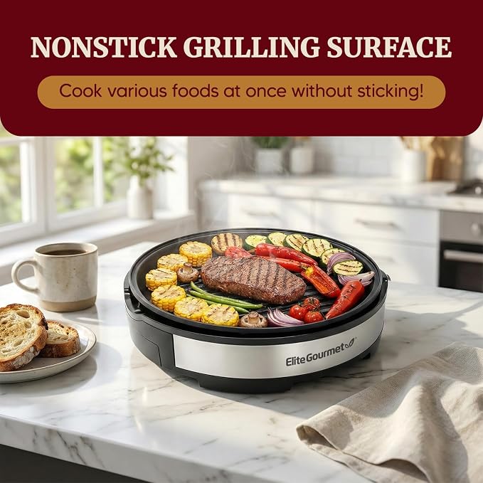 Elite Gourmet EMG6505G Indoor Electric BBQ Grill, Non-Stick, 12"