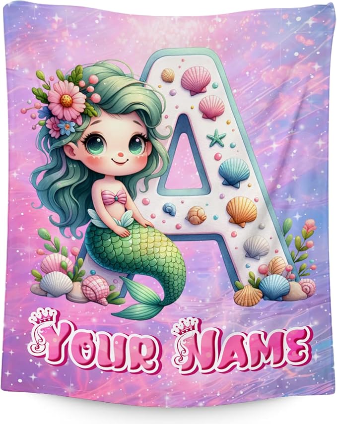 Personalized Blanket for Girls - Mermaid Blankets for Kids Ages 4 5 6 7 8 9-60"x80" Custom Throw with Name Monogrammed Gifts - Flannel Throws Initial Room Decor