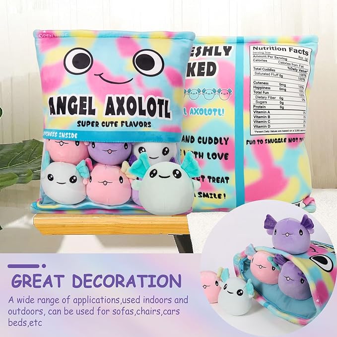 Axolotl Plush Pillow Throw Pillow, Cute Axolotl Plush Toys Doll, Stuffed Axolotl Gift for Kids, Birthday, Christmas, Baby Shower (6 pcs, Colorful)