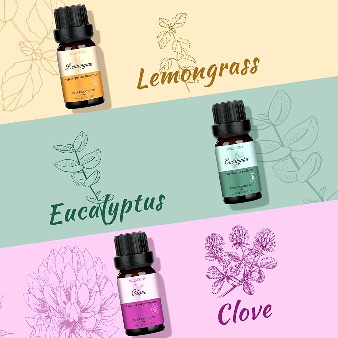 WUSEONY Top 6 Natural Aromatherapy Oils Gift Set, Essential Oils for Diffusers Home, Fragrance Oil Scent for Candle Soap Making - Lavender, Peppermint, Eucalyptus, Lemongrass, Sweet Orange, Clove