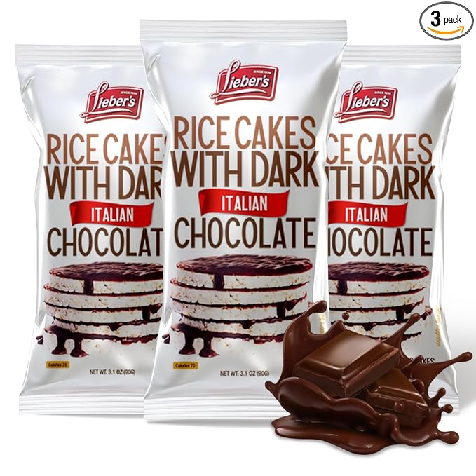 LIEBERS Dark Chocolate Rice Cakes, Kosher, Dairy Free, Gluten Free, 3 Pack | Vegan Whole Grain Brown Rice Snack, Crispy & Low Calorie, 60 Calories or Less per Cake, Great on the Go