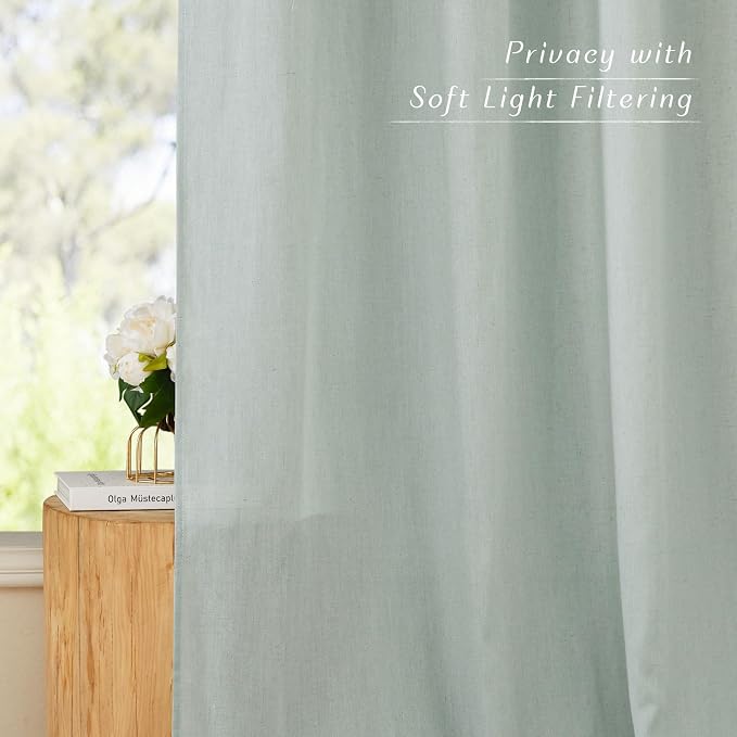 NICETOWN Thick Linen Blend Curtains Flax Textured for Bedroom, Rustic Grommet Semi Sheer Privacy Added Window Curtains & Drapes Light Filtering for Nursery, Sage Green, W42 x L63, Set of 2