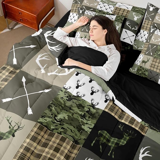 Feelyou Green Hunting Camo Twin Comforter Set with Sheets for Kids Boys Girls Rustic Western Deer 7 Pieces Bedding Set Camouflage Hunter Bed in a Bag Wildlife Animal Room Decor Soft
