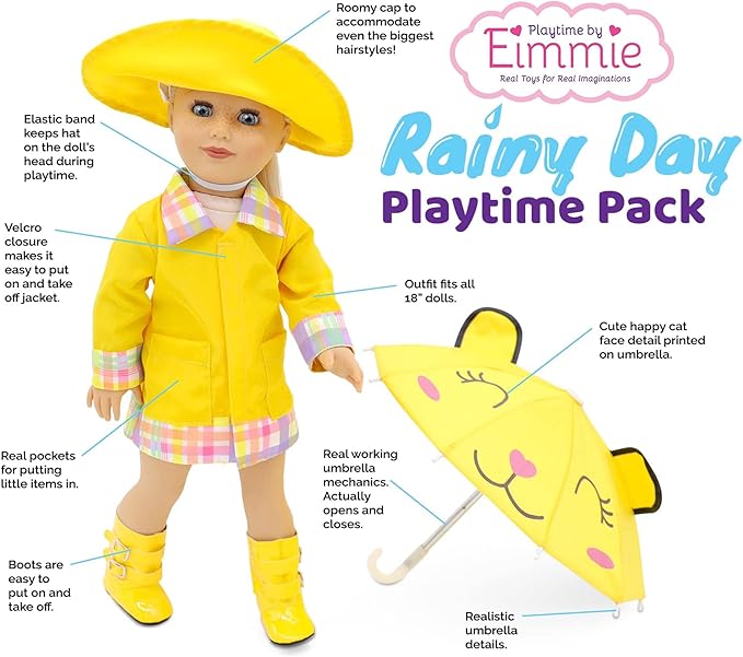 Playtime by Eimmie 18 Inch Doll Clothes and Accessories - Yellow Raincoat Set with Hat, Boots & Cat Face Umbrella - Clothing Sets & Stuff - Fits American, Generation & Other 18" Dolls for Girls