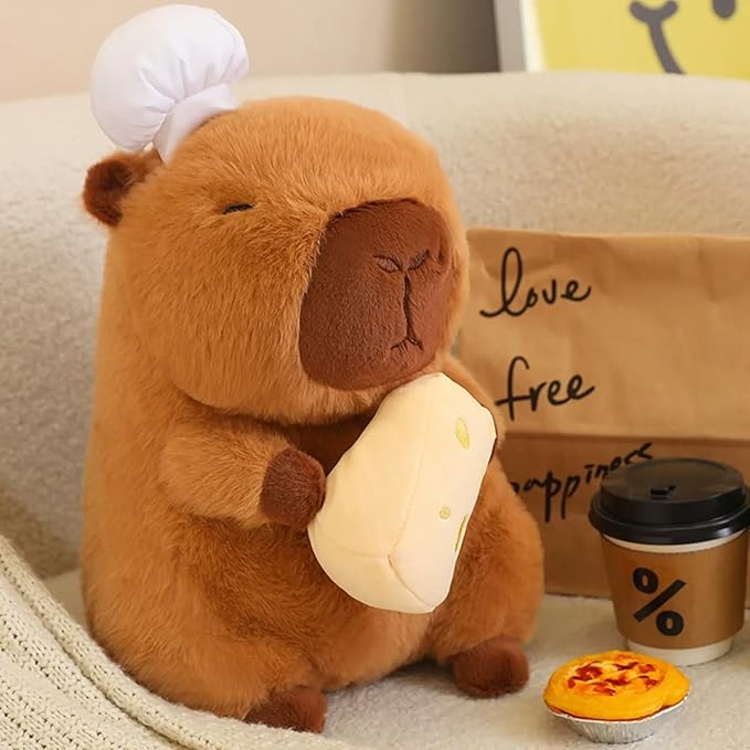 Capybara Plush with Cooking Chef Hat Holding Cheese 9.8 inch Cute Capibara Stuffed Animal Ultra Soft Plushies Toys Kawaii Gifts for Kids Brown