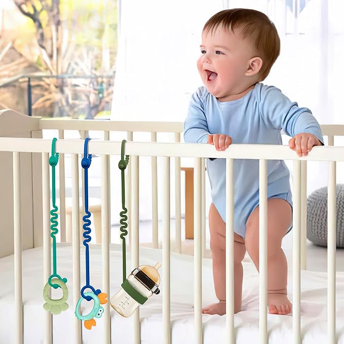 Toy Straps for Baby – 3 Pack Adjustable Silicone Toy Straps for Baby and Sippy Cup Straps for Strollers, High Chairs, Cribs, Car Seats, Food Grade Silicone, BPA Free (Spearmint+Blue+Olive)