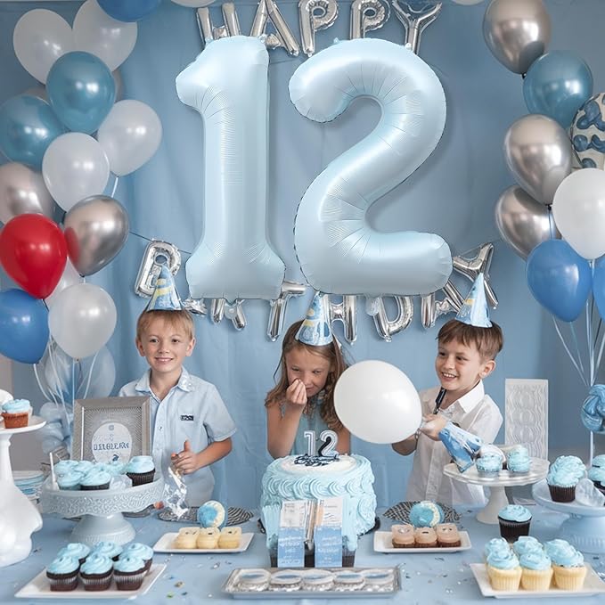 Foil 12 Balloon, Light Matte Sky Blue Big Number 12 Balloons for Boys Birthday Party Decor, 40 Inch Mylar Helium Number 12 Pastel Baby Blue Balloon for 12th Birthday Party Anniversary Decorations