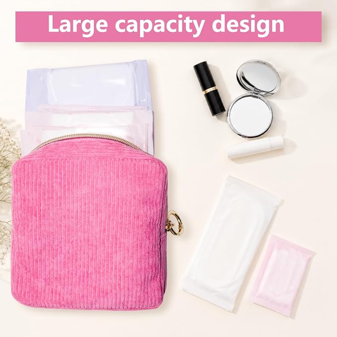 Period Bag for Girls, Corduroy Period Kit with Sanitary Pad Pouch, Menstrual Storage Bag and Tampon Holder for Purse, Girls School Essentials,Feminine Care Organizer(Rose Red)