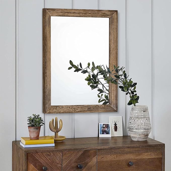 AAZZKANG Rustic Wood Mirror Rectangle Decorative Wall Mirrors with Frame Large 20"x16"for Bedroom Living Room Bathroom Entryway Hanging Brown | Decorative 20"x16" for Bedroom Living Room Bathroom Entryway Hanging Brown