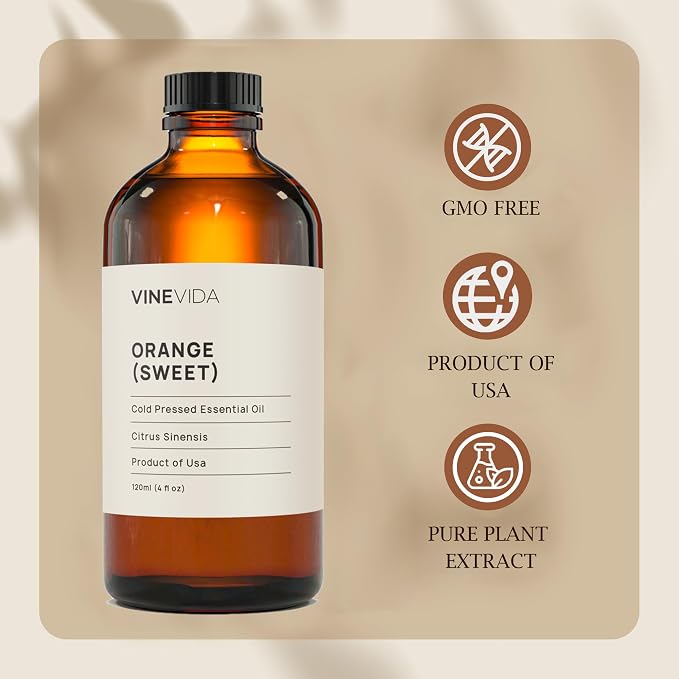 VINEVIDA Orange Sweet Essential Oil - Undiluted Orange Oil - DIY Candle Scents - Bulk Essential Oil for Soap Making