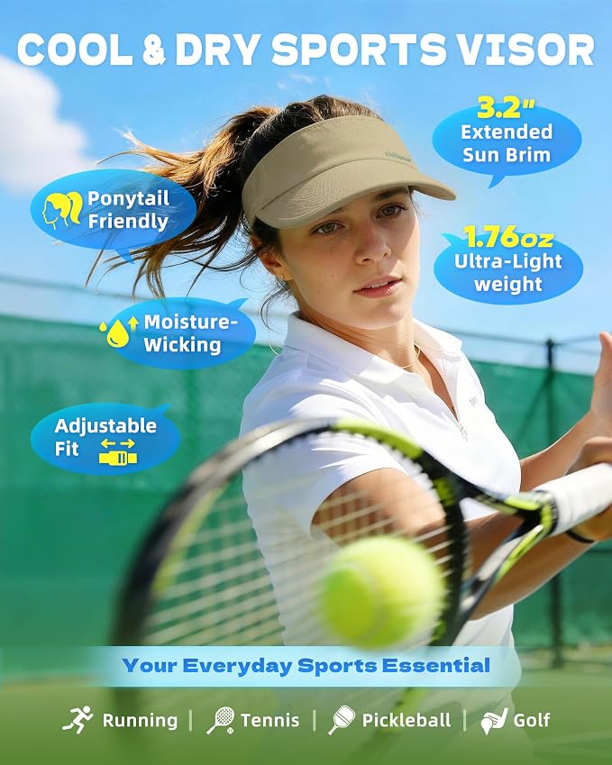 Sun Visor Hats for Women Men - Wide Brim Quick Dry Adjustable Hat | Upf 80+ Sun Protection Sport Hat, Cooling Sweatband; Breathable Quick-Dry Fabric Visors for Running, Tennis, Golf, Sports