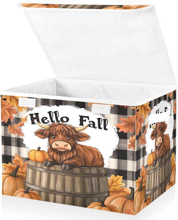 Highland Cows Storage Bins with Lids and Carrying Handle,Foldable Storage Boxes Organizer Containers Baskets Cube with Cover for Home Bedroom Closet Office