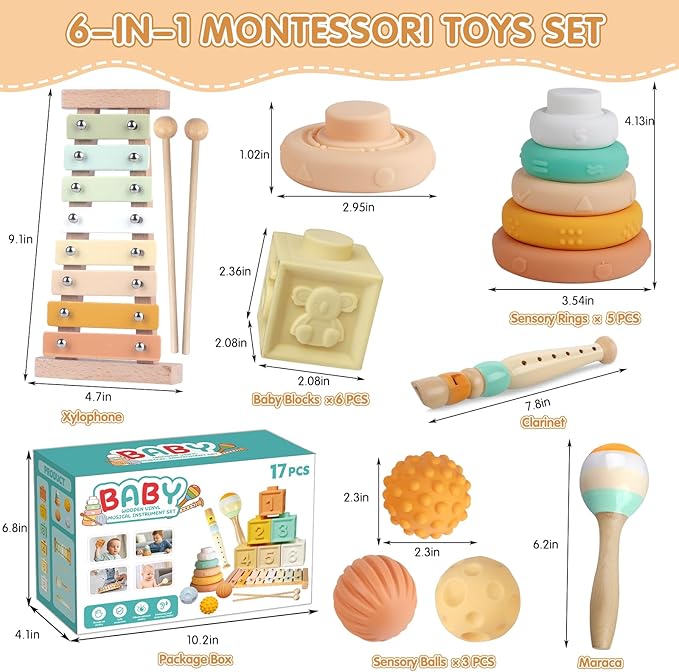 Baby Toys 6-12 Months Montessori Toys 6 in 1 Musical Instruments for Toddler, Stacking Blocks Development Learning Educational Toy with Wooden Xylophone Infant Baby Birthday Gift