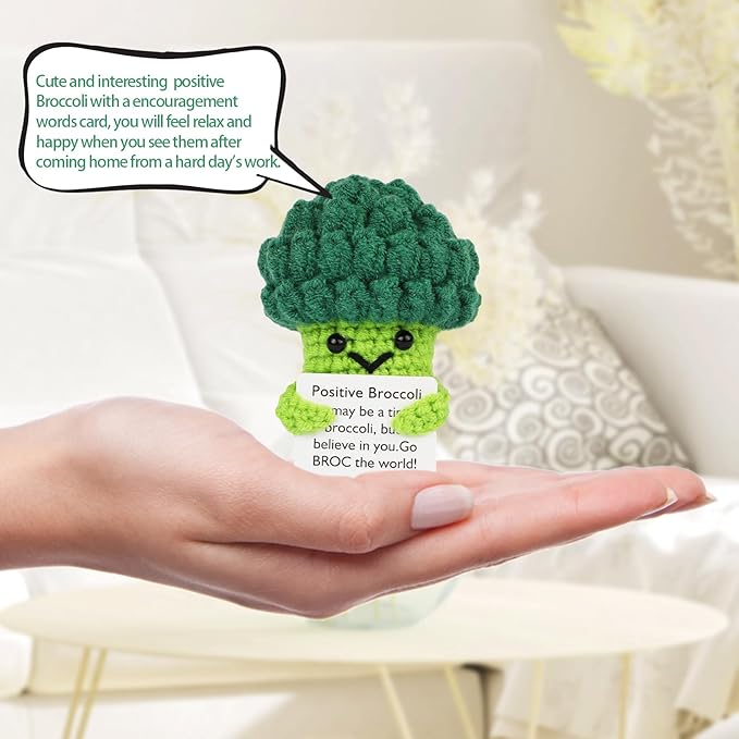 Hoedia Handmade Emotional Pickle Gift, Cucumber Crochet Doll Inspirational Gifts with Cards, Cute Knitted Funny Support Pickle Potato Friend Birthday (Broccoli)