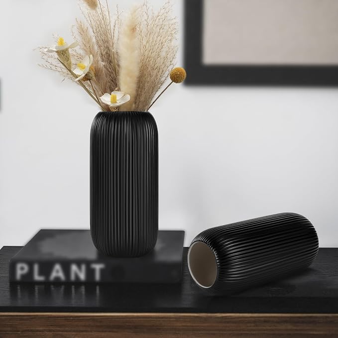 Ceramic Vase for Flowers – Modern Small Ribbed Textured Flower Vase for Home Decor, Pampas Grass, Decorative, Farmhouse, Coffee Table, Kitchen Centerpieces, Bookshelf and Home Living(Matte Black)