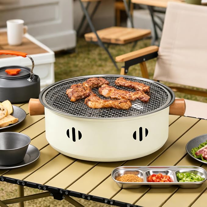 Portable BBQ Charcoal Grill, Mini Tabletop Charcoal Grill Outdoor Multifunctional Round Korean Barbecue Grill for Camping Picnic Beach Party Cooking (Beige)