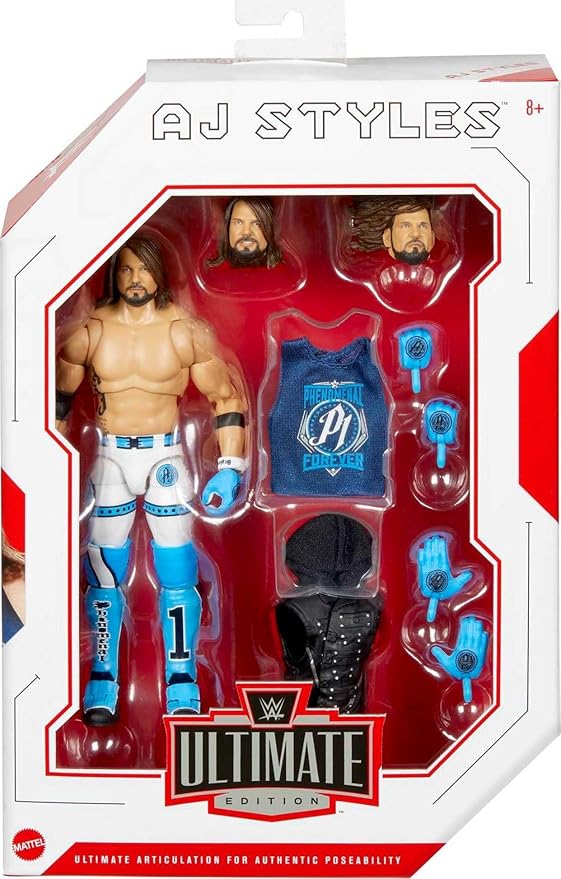 Mattel WWE Ultimate Edition Action Figure & Accessories Set, AJ Styles 6-inch Collectible with 30 Articulation Points, Swappable Pieces & Entrance Gear
