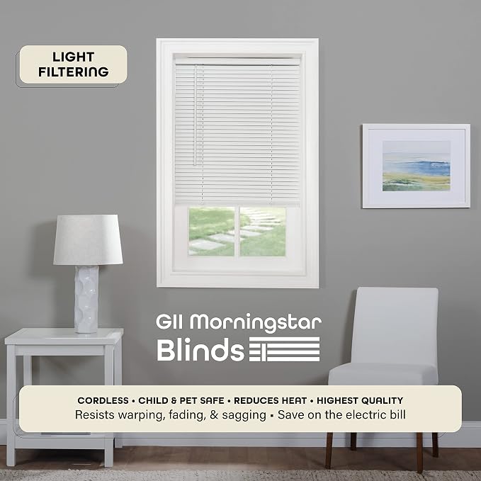Cordless Light Filtering Mini Blind - 58 Inch Width, 64 Inch Length, 1" Slat Size - Pearl White - Cordless GII Morningstar Horizontal Windows Blinds for Interior by Achim Home Decor