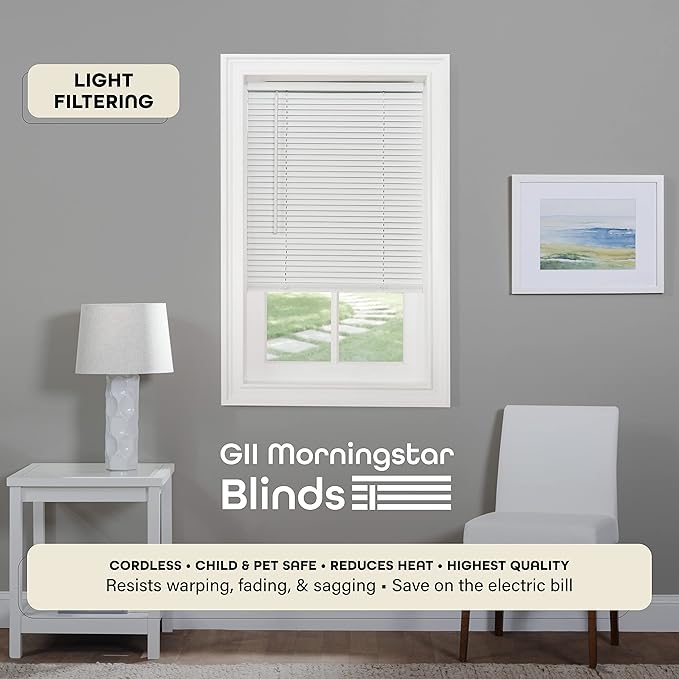 Cordless Light Filtering Mini Blind - 31 Inch Width, 48 Inch Length, 1" Slat Size - Pearl White - Cordless GII Morningstar Horizontal Windows Blinds for Interior by Achim Home Decor