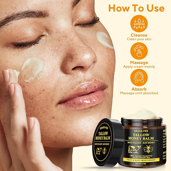 Beef Tallow for Skin, Tallow and Honey Balm, 5 oz Organic Grass-Fed Whipped Beef Tallow Cream, Deep Moisturizing Facial & Body Balm, 100% Natural Face Moisturizer for All Skin Types