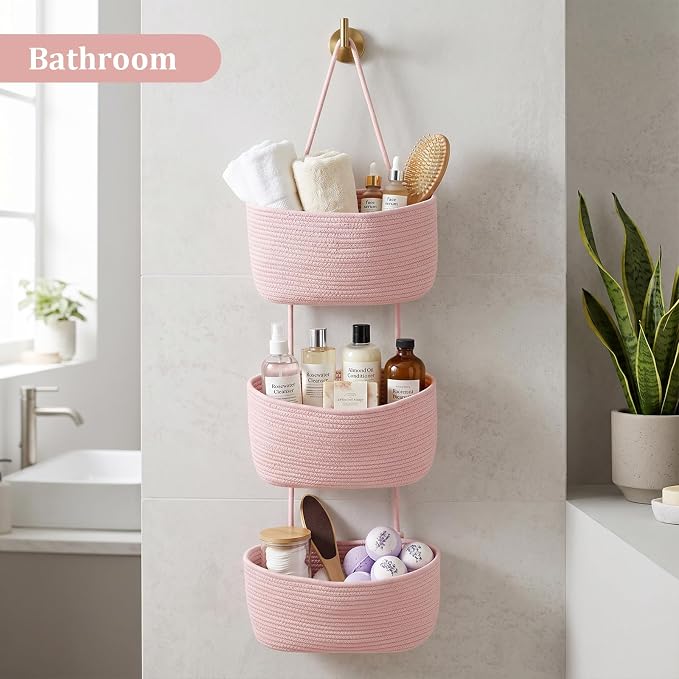 TeoKJ Over the Door Hanging Basket, 3-Tier Woven Cotton Wall-Mounted Storage Organizer Bag Decorative Hanging Nursery Baskets, Pink