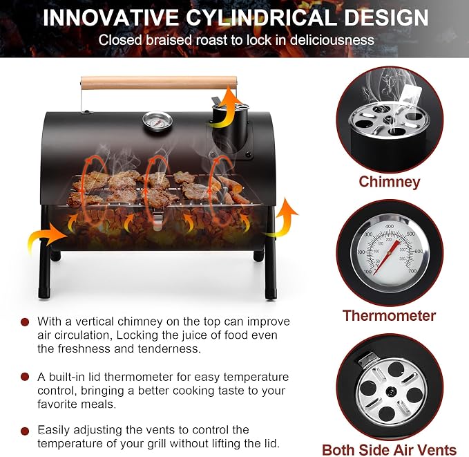 Joyfair Portable Charcoal Grill with Thermometer, Small BBQ Camping Grills | For Outdoor Backyard Party Tabletop Barbecue Cooking, Extra Thick Steel & Heavy Duty, Innovative Design & Easy Assembly