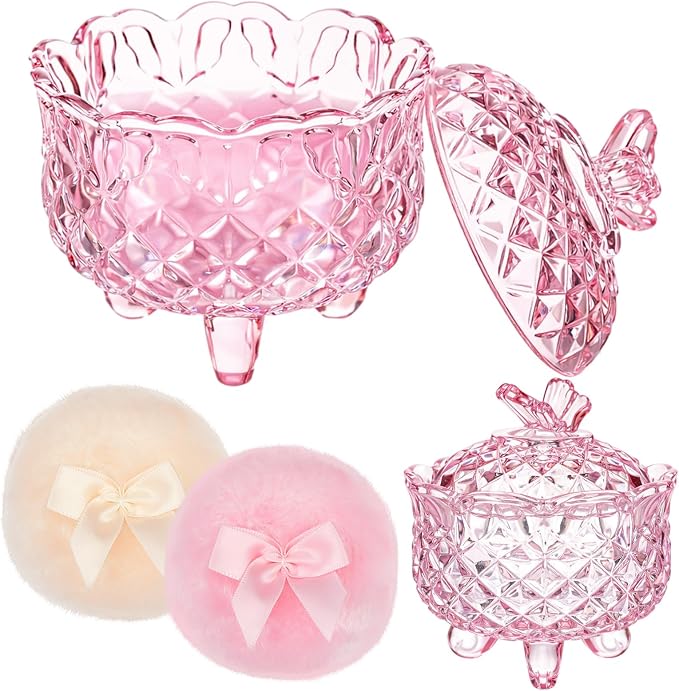 Tioncy 3 Pcs Large Body Powder Puff and Container Valentine's Day gift Powder Container with Puff Crystal Case Soft Washable Reusable Velour Face Body Glitter Wet Dry Makeup(Butterfly,Pink)