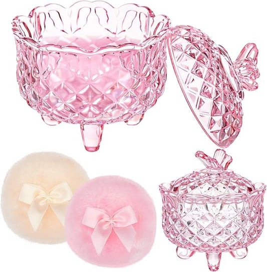 Tioncy 3 Pcs Large Body Powder Puff and Container Valentine's Day gift Powder Container with Puff Crystal Case Soft Washable Reusable Velour Face Body Glitter Wet Dry Makeup(Butterfly,Pink)