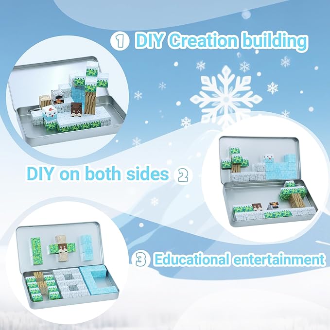 Mini Magnetic Cubes STEM Winter Set for Kids Ages 3-5, 35PCS Educational Travel Building Toys with Magnetic Tin Box, Birthday Gift for Boys & Girls 4-8, Preschool Brain Development Activities
