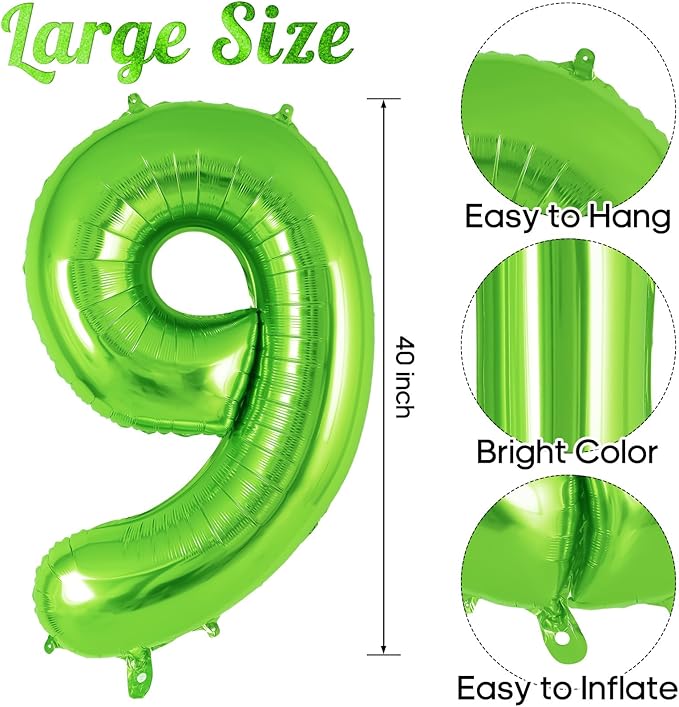 Dinosaur Green Number 9 Balloon, 40 Inch Big Large Foil Helium Green Number Balloon with 4 Pcs Mini Dinosuar, Dinosuar Mylar Balloons Set for 9 Year Old Birthday Party Decorations Supplies