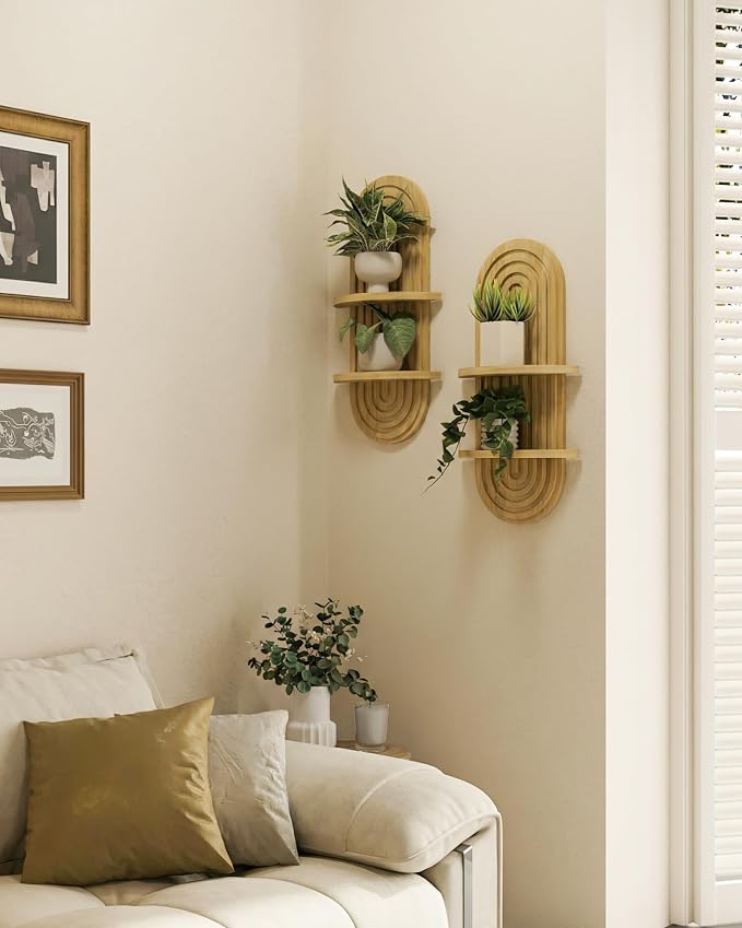 Bamworld Boho Wall Decor Plant Wall Shelf Wood Plant Holder Natural 2PCS | Mid Century Modern Decor Hanging Plant Shelf Wooden Floating Shelves for Home Bedroom Living Room Holding Planter Decoration
