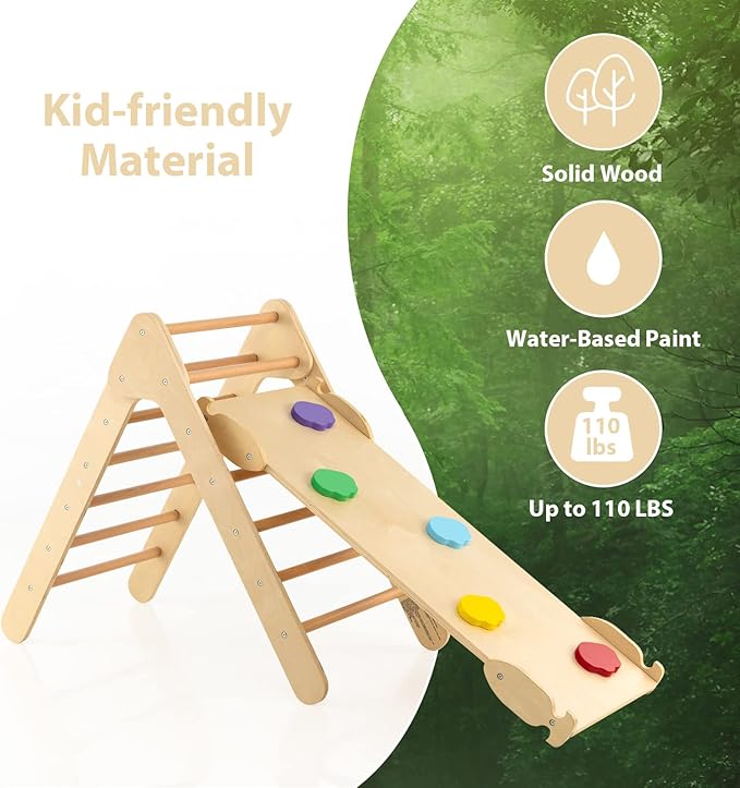 OLAKIDS Pikler Triangle Set 3 in 1 Climbing Toys for Toddlers Wood Montessori Baby Jungle Gym with Ramp Ladder Slide Kids Indoor Playground Activity Play Structure