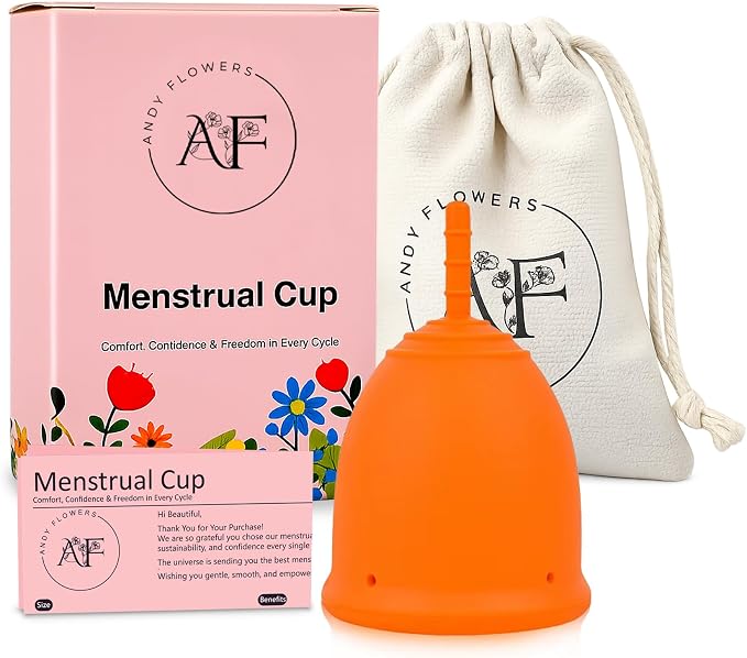 Reusable Menstrual Cup, Medical Grade Silicone Period Cup for Women & Beginners, Eco-Friendly Feminine Hygiene, Leak-Free Comfort for Up to 12 Hours (Small & Large) (Orange, Small)