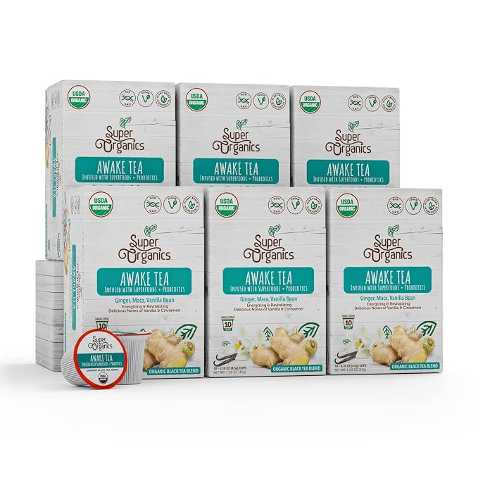 Super Organics Awake Black Tea Pods With Superfoods & Probiotics Keurig K-Cup Compatible Energy, Revitalizing, Refreshing Tea USDA Certified Organic, Vegan, Non-GMO, Natural & Delicious, 60ct