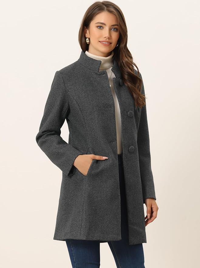 Allegra K Women's Winter Overcoat Mid-Long Stand Collar Single Breasted Coat Outerwear