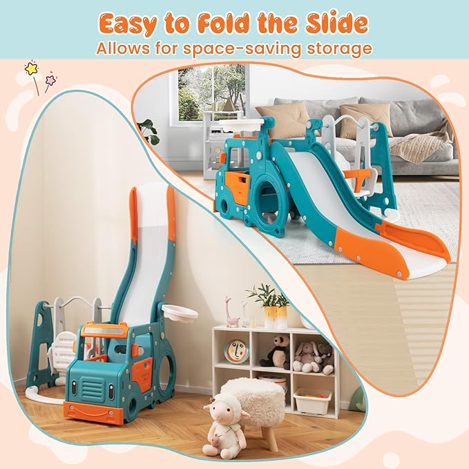 Costzon 6 in 1 Toddler Slide and Swing Set, Mini Bus Indoor Outdoor Baby Swing with Basketball Hoop, Crawling Tunnel, Kids Climber Playset for Boys and Girls Backyard Playground Gifts Presents
