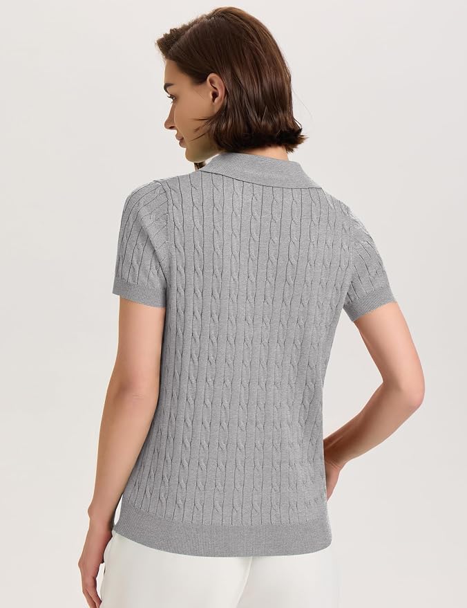 Micoson Womens Short Sleeve Sweater Tops Lapel V Neck Polo Shirts 2026 | Summer Cable Knit Loose Blouses, Business Casual Outfits