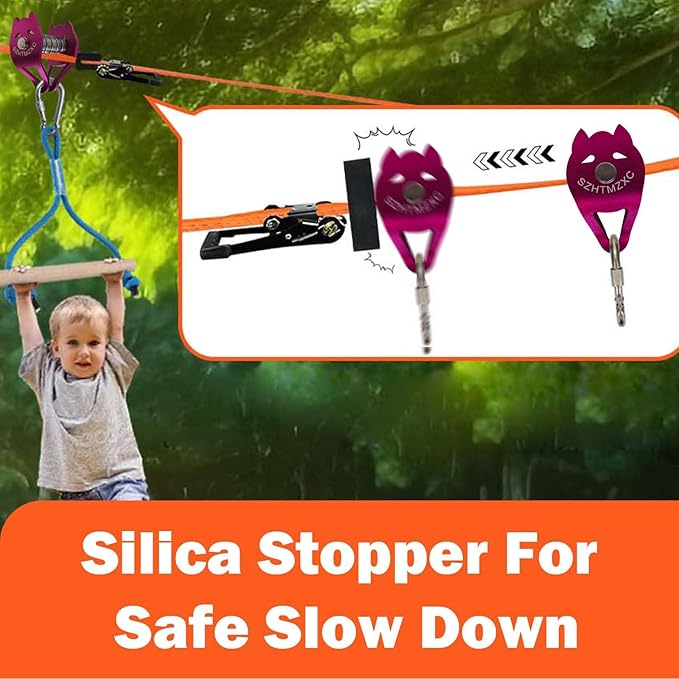 Zipline Pulley Dog Kits, Ninja Slackline Slider, Smooth and Silky, Zipline Brake Stopper for Slackline Zip line, Quick Setup for Kids Backyard Outdoor Playground Fitness Equipment