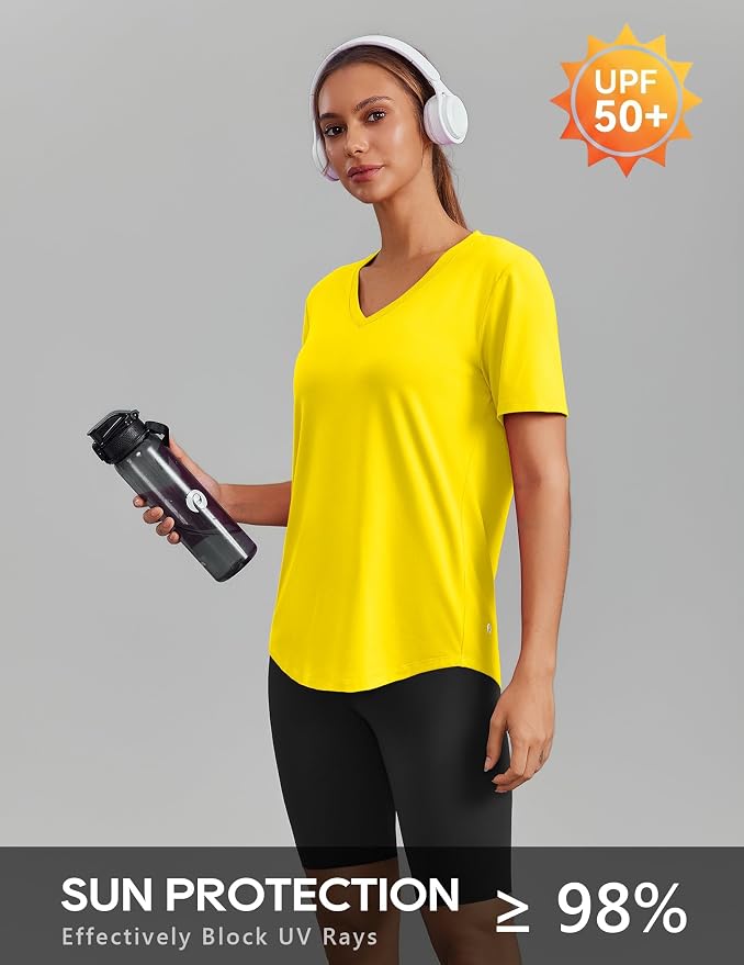 PINSPARK Soft Workout Tops for Women Short Sleeve V Neck Moisture Wicking UPF 50+ Sun Protection Quick Dry Gym Shirts