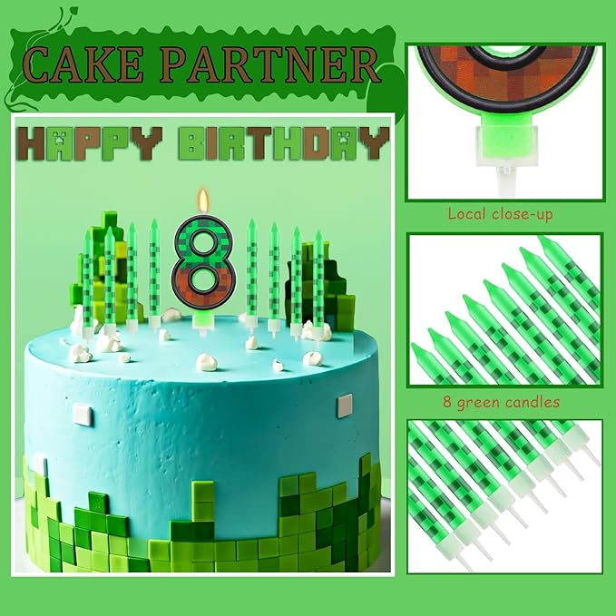 Pixels Themed 8th Birthday Candle, Pixels Cake Topper for Boys Girls, 9 Pcs Candle Set, Game Cartoon Theme Birthday Party Supplies (Number 8)
