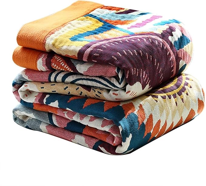MSGKV Boho Throw Blanket 50"x60" Summer Cotton Colorful World Blanket | 100% Cotton Muslin, Decorative Throw Blanket, Reversible Weave, Soft & Breathable, Cozy Home Decor, Machine Washable