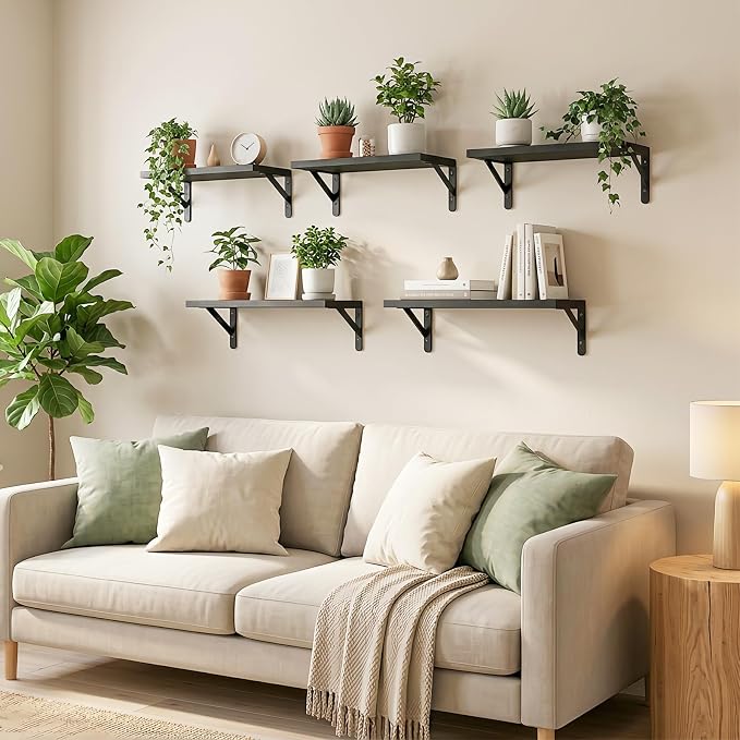 Fixwal Floating Shelves for Wall, Wood Wall Mounted Shelves for Bedroom, Bathroom, Living Room, Kitchen Storage and Decor(Black, Set of 5, 16.5 Inch)