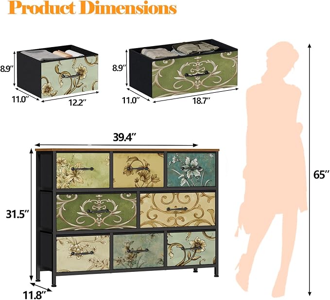 8 Drawer Dresser for Bedroom, Wide Vintage Fabric Chest of Drawers | Vintage Dresser for Closet, Fabric Storage Drawer Units, Retro Floral Dresser for Living Room, Hallway, Entryway, Wooden Top
