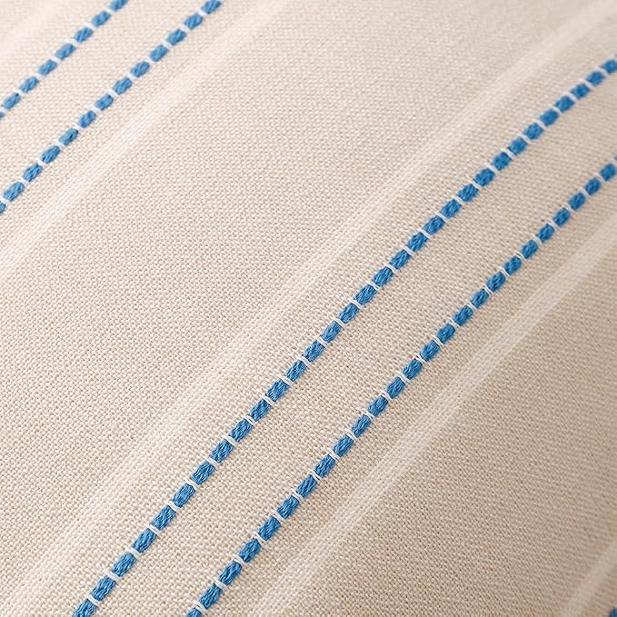 Hckot Striped Throw Pillow Covers 16x16 Set of 2 Lake Blue Pillow Covers | Farmhouse Decorative Pillows Textured Linen Square Cushion Covers for Sofa Couch Bed Living Room Decor(Lake Blue)