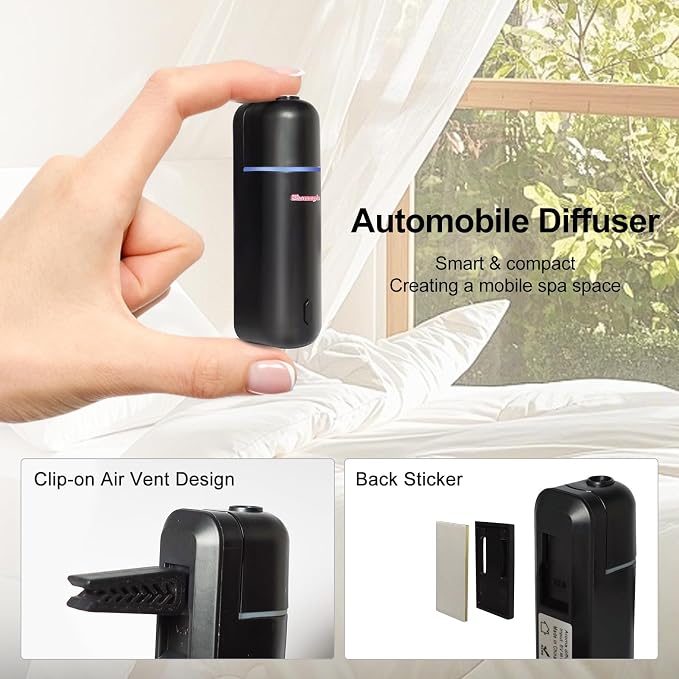 Car Diffuser, Motion Sensor Waterless Essential Oil Diffuser for Car USB Rechargeable with 6 Refill Scents（Hilton/Sandwood/WhiteTea/Diamond/GreenBamboo/Pachuli