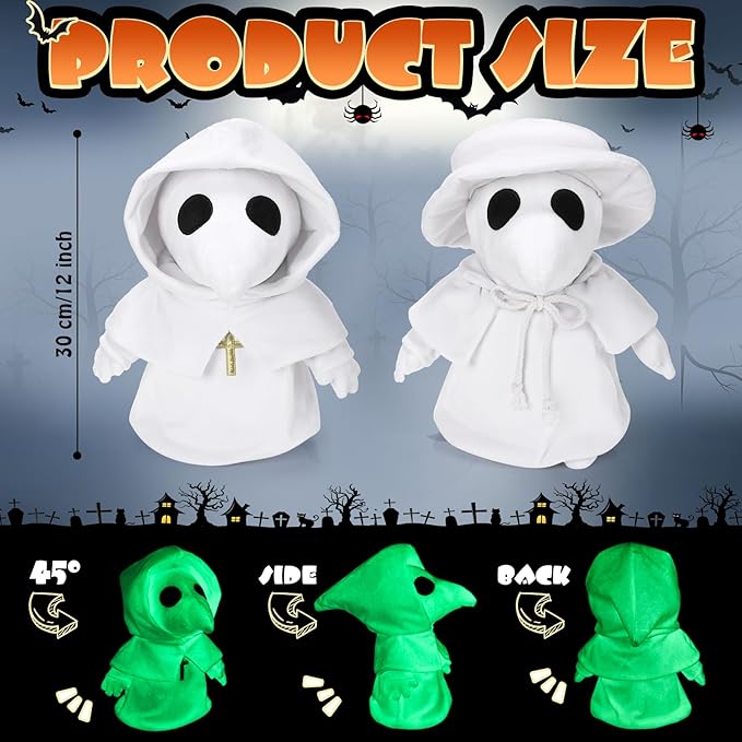 HyDren 2 Pcs Halloween Plague Doctor Plush 12 Inch Raven Doctor Horror Plague White Plushie Dolls Soft Stuffed Animals Gifts for Halloween Christmas Collectible Horror Decors