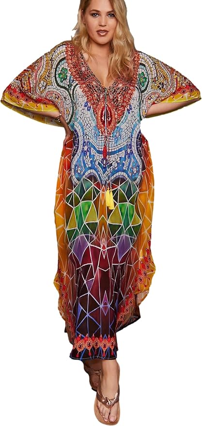 Venasha Womens Caftan Floral Print Kaftan Dress Short Sleeve Swimsuit Cover up Loungewear for Summer