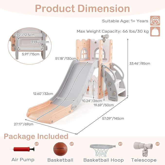 OLAKIDS Toddler Slide, 6 in 1 Kids Indoor Outdoor Playground with Climber Basketball Hoop Telescope Toy Storage for Boys Girls Aged 1+ (Pink, 27'')